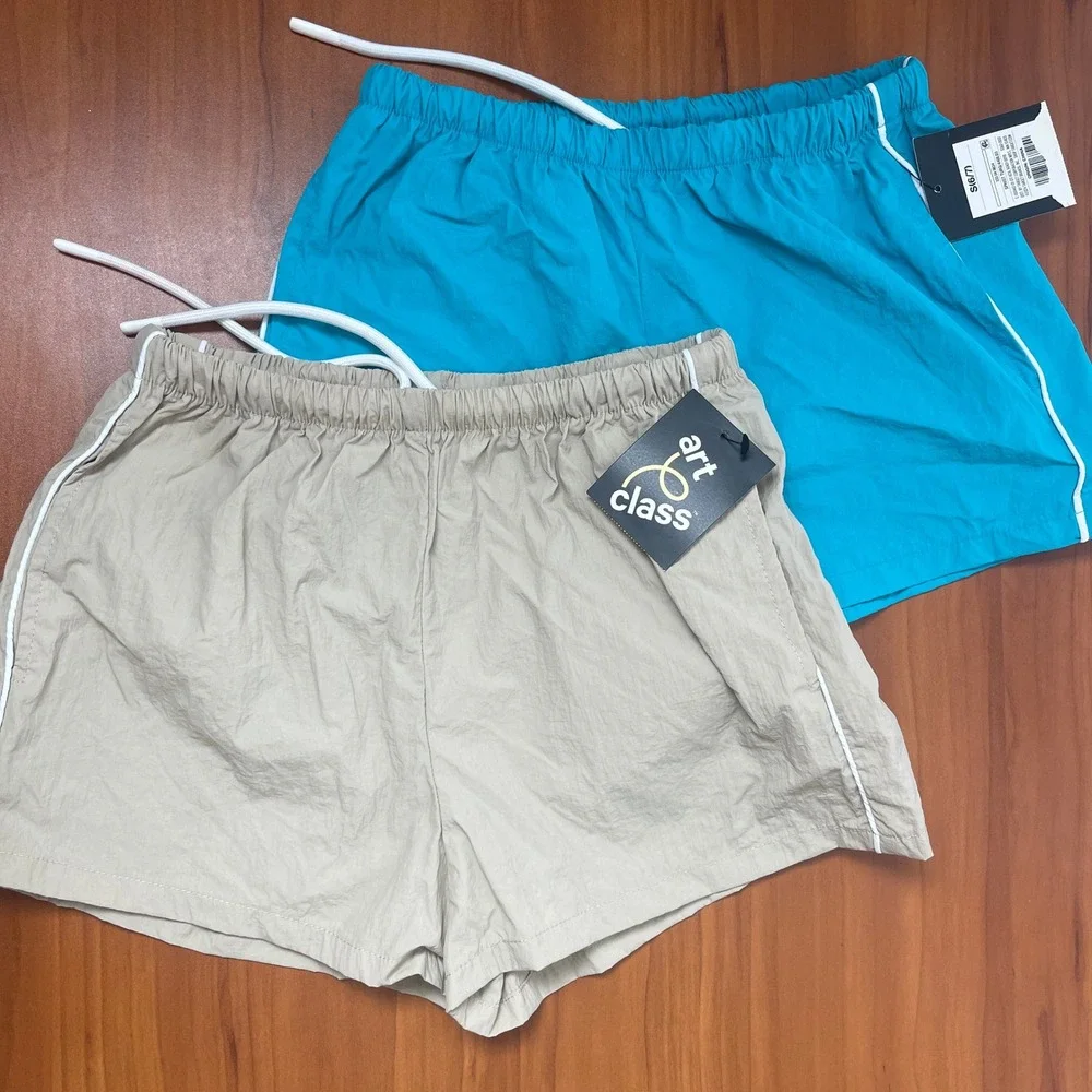 Lot of 2 Art Class Girls 2 Nylon Athletic Sports Shorts Blue & Beige Size S 6-7